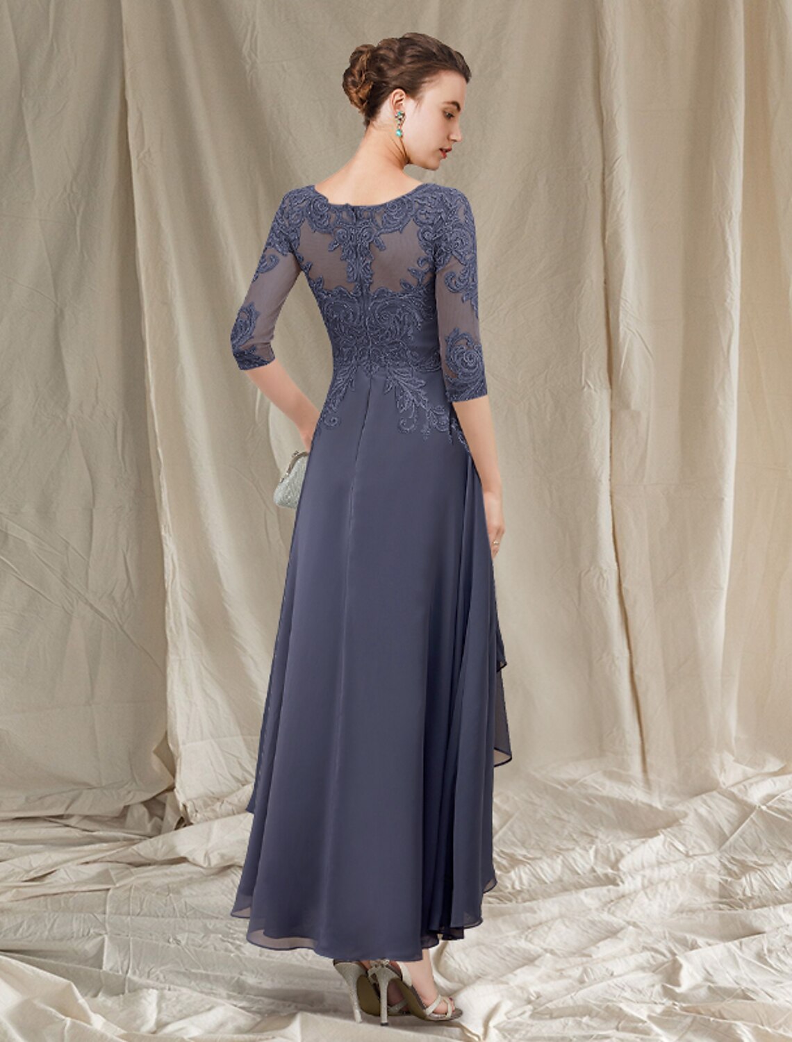 Aimishang A-Line Mother of the Bride Dress Elegant High Low Jewel Neck Asymmetrical Tea Length Chiffon Lace 3/4 Length Sleeve with Pleats Appliques