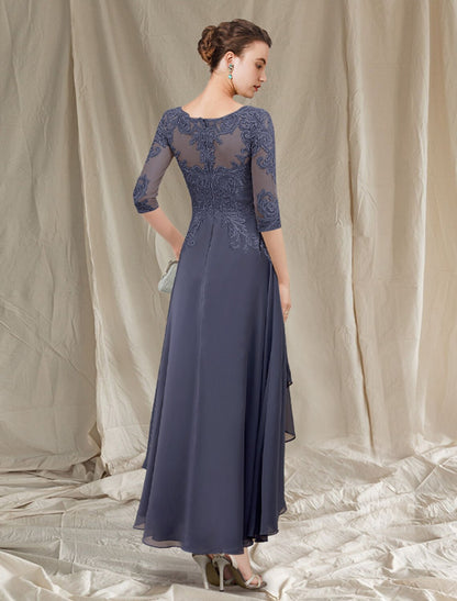Aimishang A-Line Mother of the Bride Dress Elegant High Low Jewel Neck Asymmetrical Tea Length Chiffon Lace 3/4 Length Sleeve with Pleats Appliques