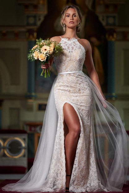 ClassicHalter Lace Mermaid Wedding Dress with Slit Ruffles