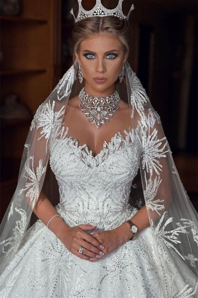 Classy Ball Gown Wedding Dress with Cap Sleeves and Beadings