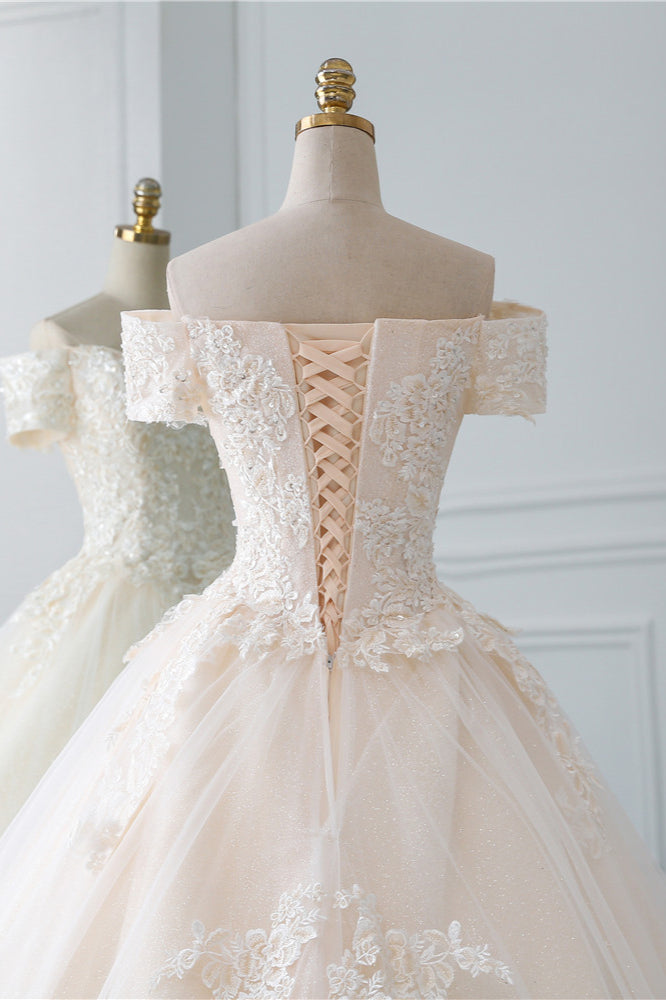 Classy Off-the-Shoulder Wedding Dress With Lace Appliques