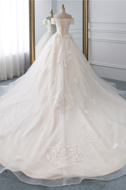 Classy Off-the-Shoulder Wedding Dress With Lace Appliques