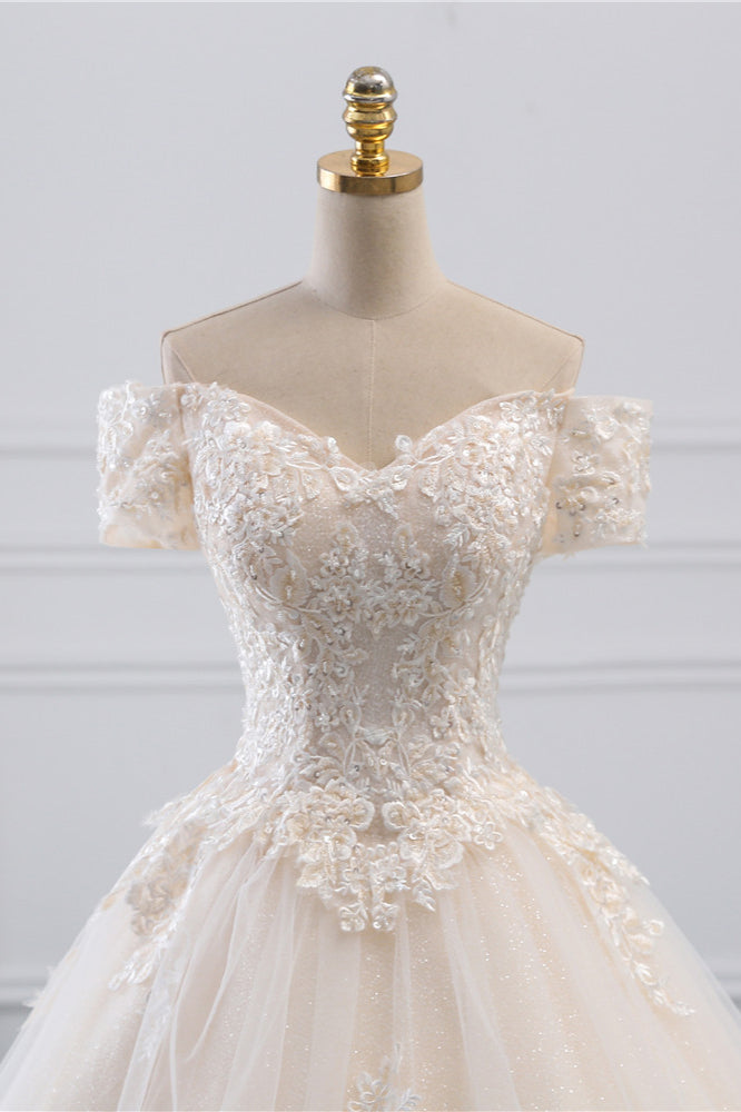Classy Off-the-Shoulder Wedding Dress With Lace Appliques