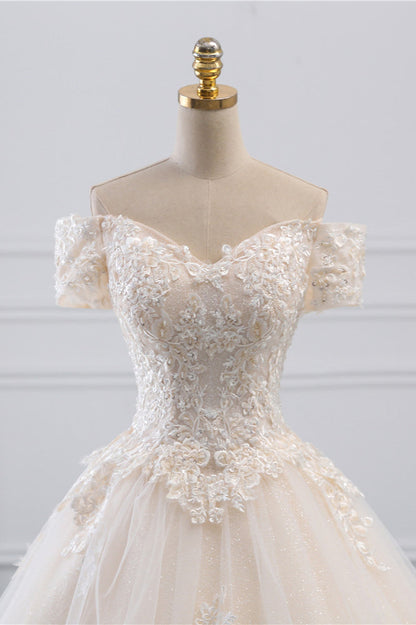 Classy Off-the-Shoulder Wedding Dress With Lace Appliques