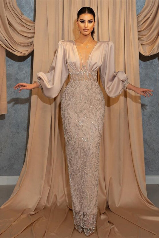 Classy V-Neck Evening Dress with Long Sleeves and Beadings