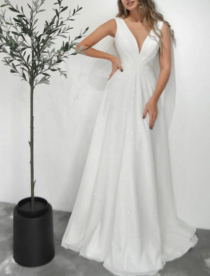 Aimishang A-Line Prom Dresses Glittering Dress Wedding Party Birthday Sweep / Brush Train Sleeveless V Neck Fall Wedding Reception Tulle with Sequin Evening Dress