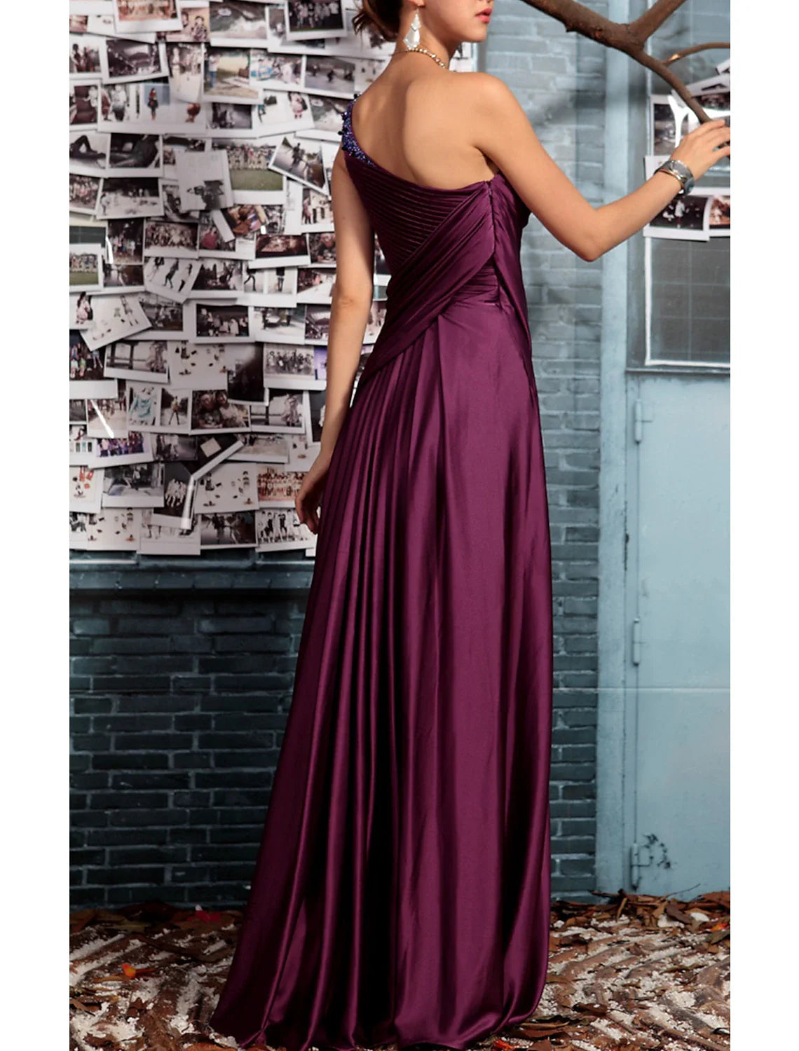 Aimishang Sheath Black Dress Evening Gown Elegant Dress Formal Evening Floor Length Sleeveless One Shoulder Fall Wedding Guest Satin Backless with Pleats Crystals Draping