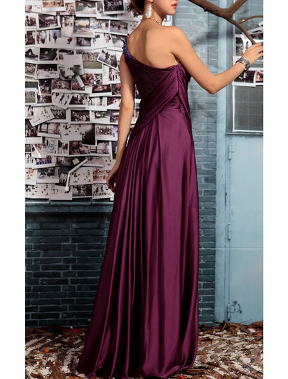 Aimishang Sheath Black Dress Evening Gown Elegant Dress Formal Evening Floor Length Sleeveless One Shoulder Fall Wedding Guest Satin Backless with Pleats Crystals Draping