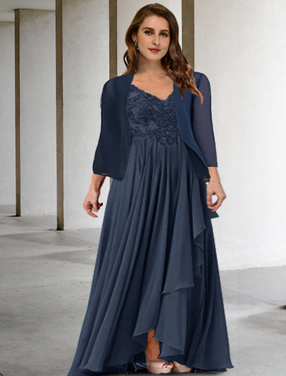 Aimishang Two Piece A-Line Mother of the Bride Dresses Plus Size Hide Belly Curve Elegant Dress Formal Floor Length Half Sleeve V Neck Chiffon with Pleats Appliques