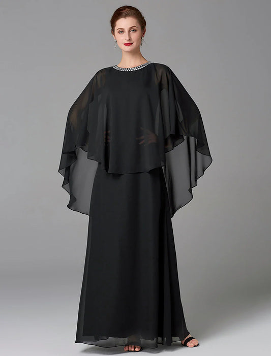 Aimishang  A-Line Mother of the Bride Dress Wedding Guest Plus Size Elegant Jewel Neck Floor Length Chiffon Sleeveless with Beading Fall