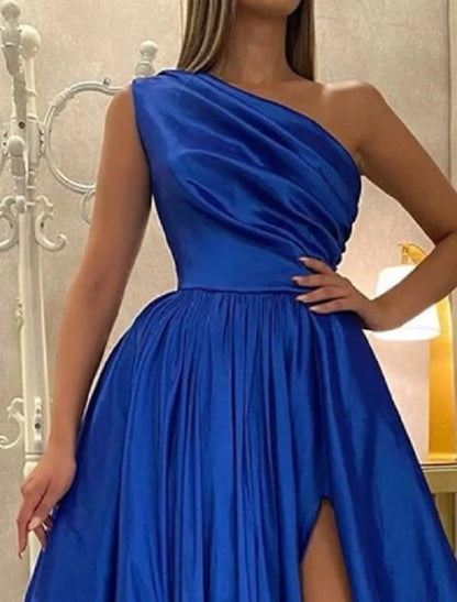 Aimishang A-Line Evening Gown Elegant Dress Wedding Guest Engagement Floor Length Sleeveless One Shoulder Satin with Pleats Slit