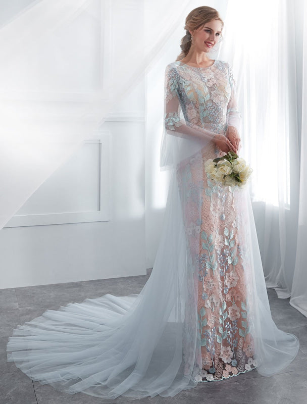 Colored Wedding Dresses Baby Blue Lace Long Sleeve Bridal Dress With Train