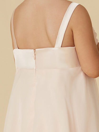 Column Sleeveless Straps Tea Length Flower Girl Dress in Chiffon with Handmade Flower