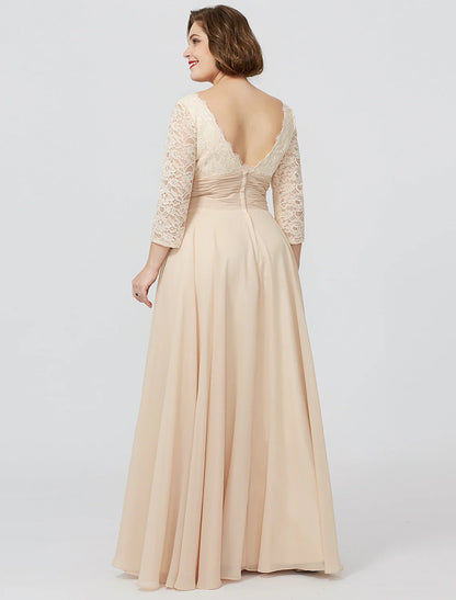 Aimishang  Sheath / Column Mother of the Bride Dress Formal Classic & Timeless Elegant & Luxurious Plus Size Square Neck Floor Length Chiffon Metallic Lace 3/4 Length Sleeve No with Sash / Ribbon Flower