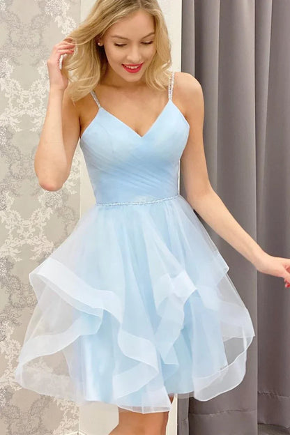 Light Blue A-line Short Ruffles Homecoming Dress,AST1200
