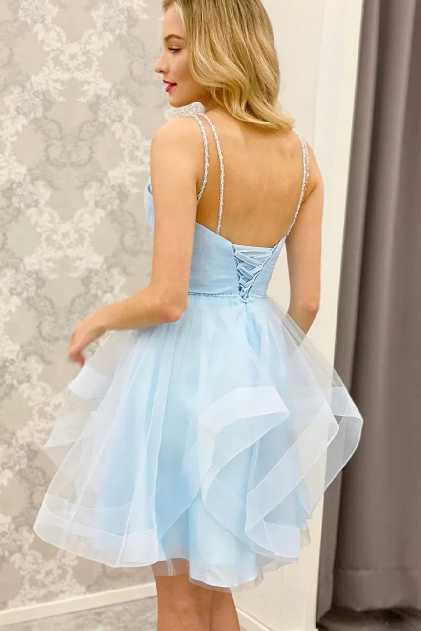 Light Blue A-line Short Ruffles Homecoming Dress,AST1200