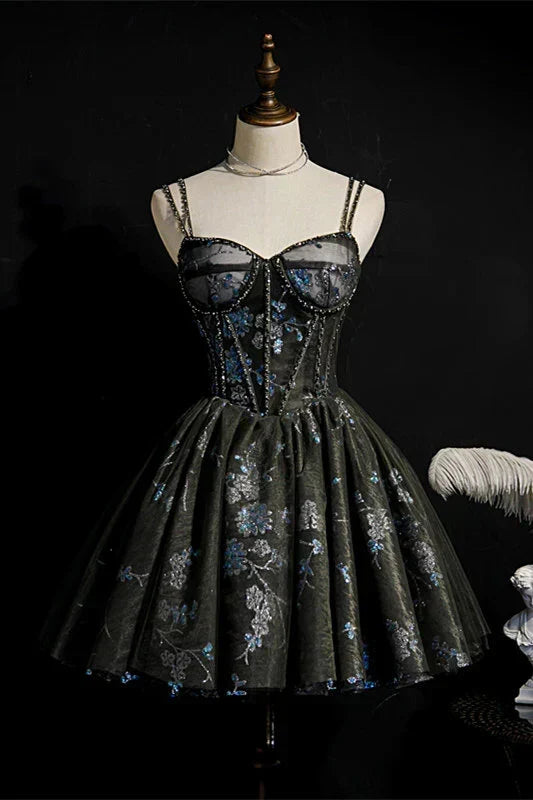 Fashion Sequined Floral Design A-line Sweetheart Tulle Short Spaghetti Strap Homecoming Dress HZ1024