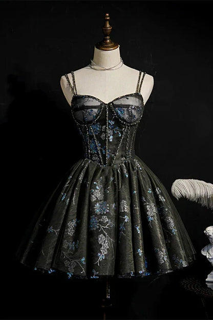 Fashion Sequined Floral Design A-line Sweetheart Tulle Short Spaghetti Strap Homecoming Dress HZ1024