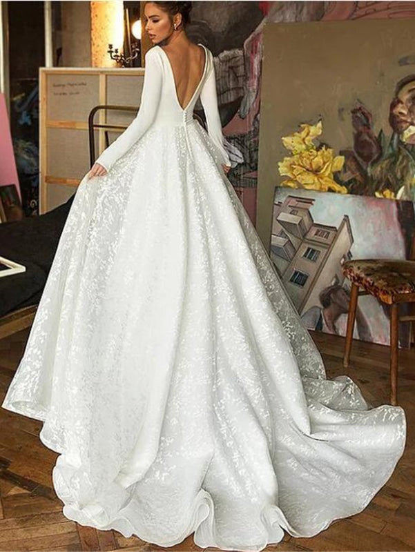 Long Sleeve V-neck Boho Bridal Gowns Backless Lace Wedding Dress CPS1843