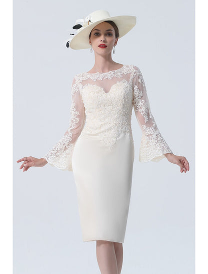 Aimishang  Sheath / Column Mother of the Bride Dress Vintage Plus Size Elegant Jewel Neck Knee Length Satin Lace Long Sleeve with Lace