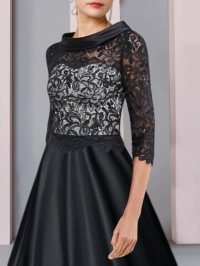 A-Line Mother of the Bride Dress Formal Wedding Guest Party Elegant Bateau Neck Tea Length Satin Lace Half Sleeve with Pleats Appliques
