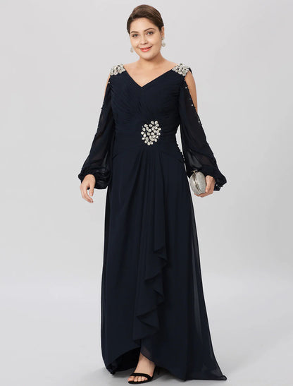 Aimishang  Sheath / Column Mother of the Bride Dress Plus Size Elegant High Low V Neck Asymmetrical Chiffon Stretch Satin Long Sleeve with Criss Cross Crystals