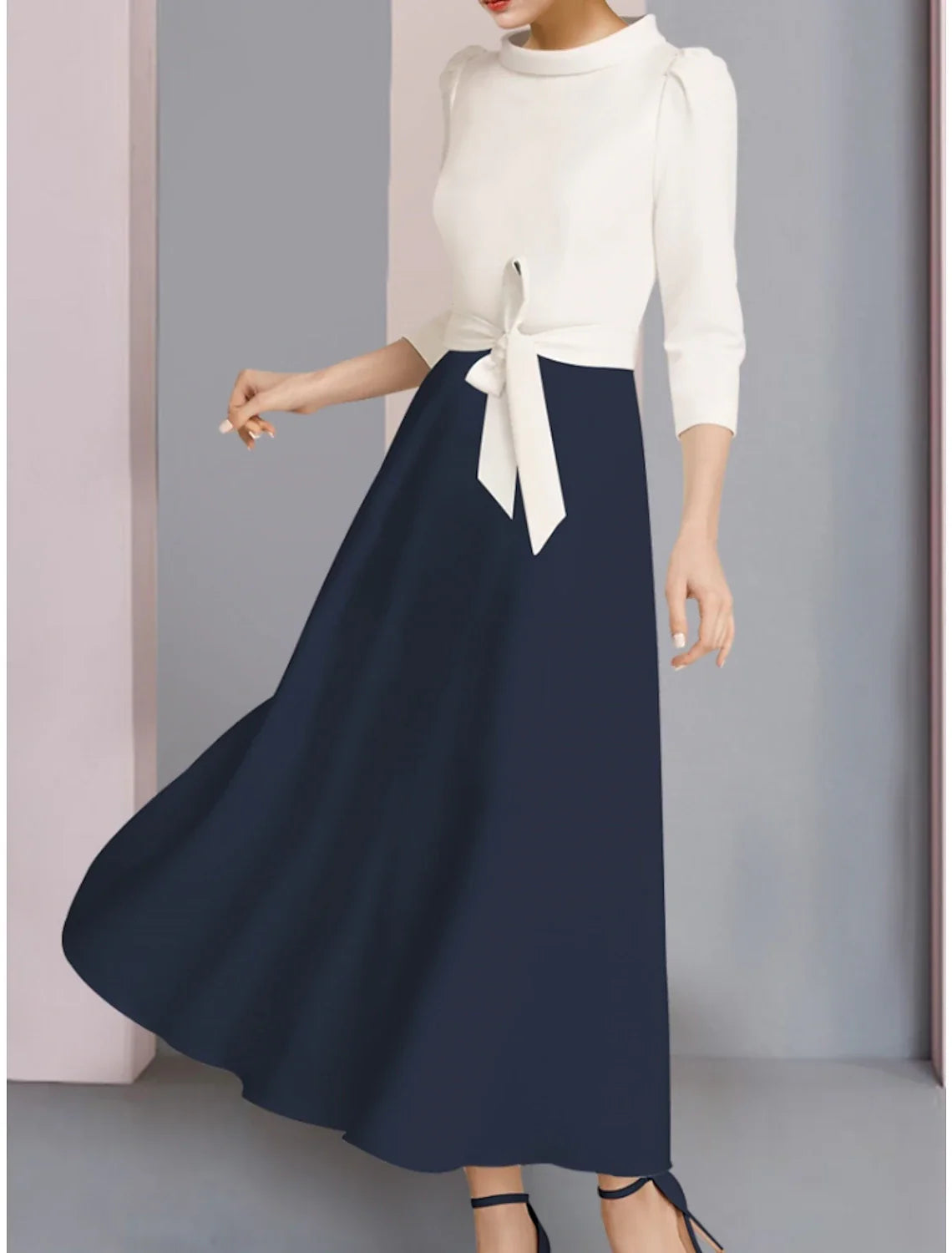 Aimishang  A-Line Mother of the Bride Dress Wedding Guest Elegant Scoop Neck Ankle Length Stretch Fabric 3/4 Length Sleeve with Bow(s) Ruching