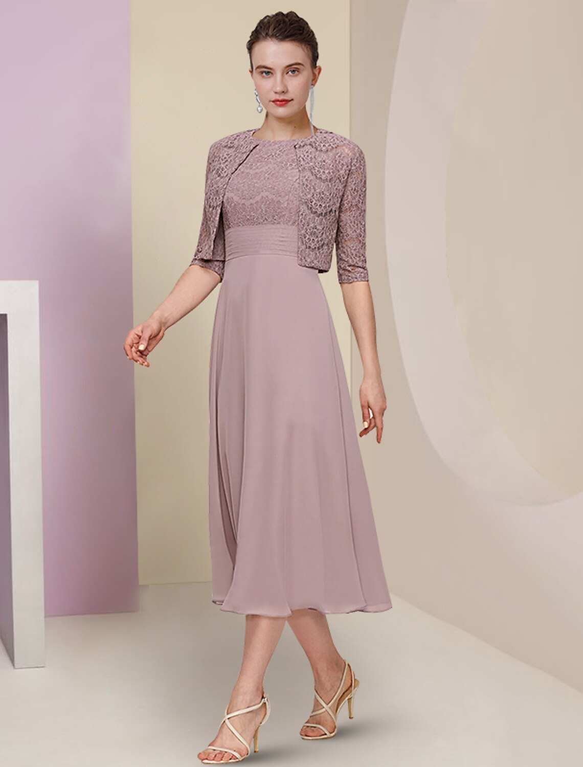 Aimishang  Two Piece Mother of the Bride Dress Wedding Guest Church Elegant Jewel Neck Tea Length Chiffon Lace Half Sleeve with Solid Color
