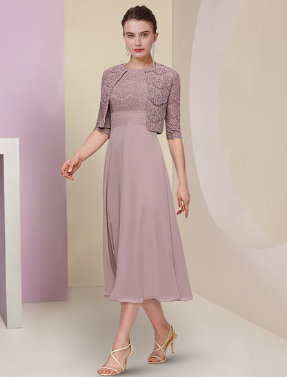Aimishang  Two Piece Mother of the Bride Dress Wedding Guest Church Elegant Jewel Neck Tea Length Chiffon Lace Half Sleeve with Solid Color