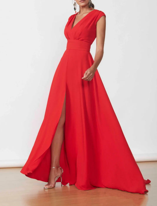 Aimishang A-Line Party Dress Minimalist Elegant Wedding Guest Formal Evening Dress V Neck Sleeveless Floor Length Chiffon with Slit