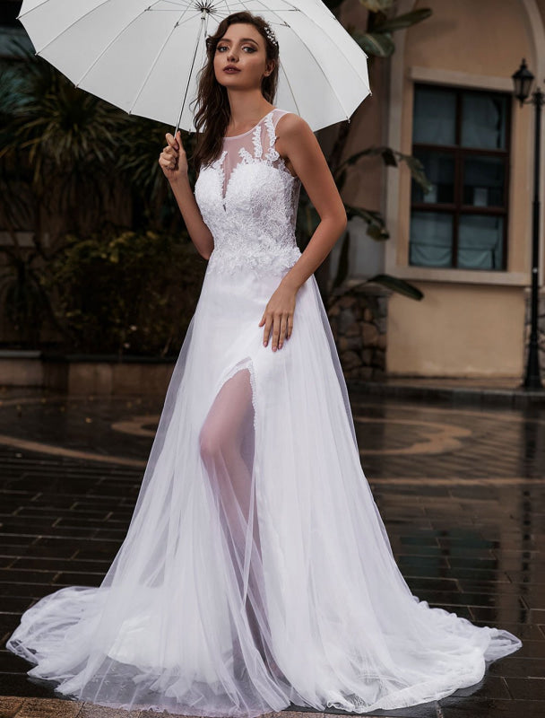 Customize Wedding Dress Lace Tulle A-Line Jewel Neck Sleeveless With Train Bridal Dresses