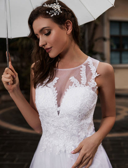 Customize Wedding Dress Lace Tulle A-Line Jewel Neck Sleeveless With Train Bridal Dresses