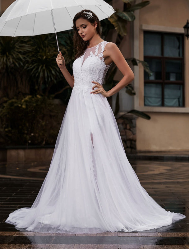 Customize Wedding Dress Lace Tulle A-Line Jewel Neck Sleeveless With Train Bridal Dresses