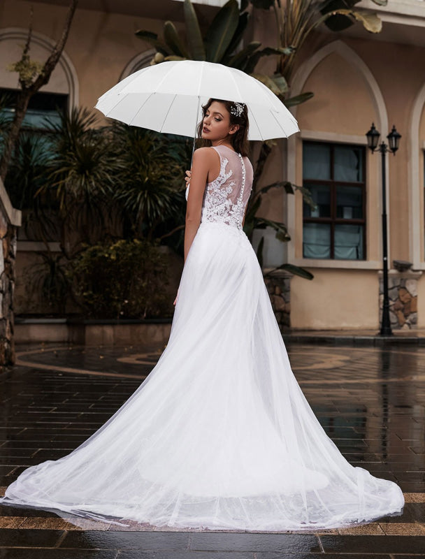 Customize Wedding Dress Lace Tulle A-Line Jewel Neck Sleeveless With Train Bridal Dresses