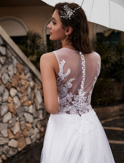 Customize Wedding Dress Lace Tulle A-Line Jewel Neck Sleeveless With Train Bridal Dresses