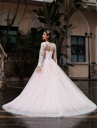 Customize Wedding Dress With Train A-Line Long Sleeves Satin Fabric Jewel Neck Bridal Gowns