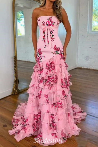 Tiered Blush Floral Print Strapless Mermaid Prom Dress