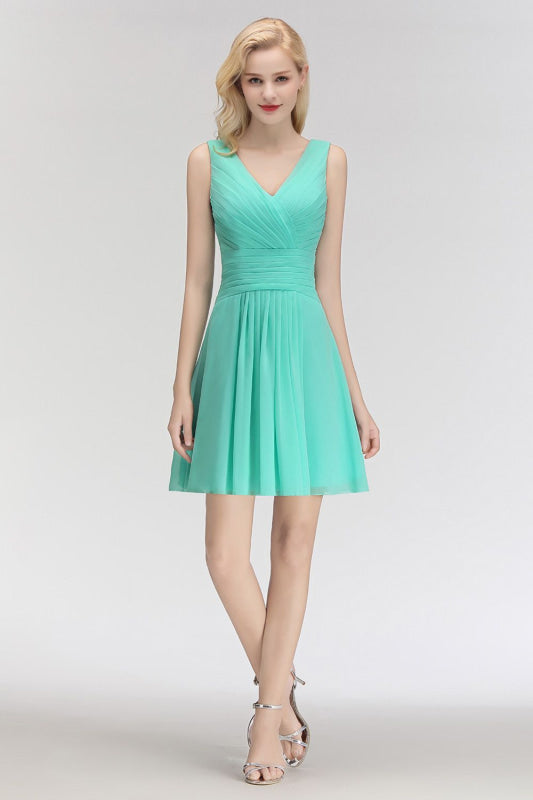 Cute V-Neck Ruffle Chiffon Bridesmaid Dress Knee Length