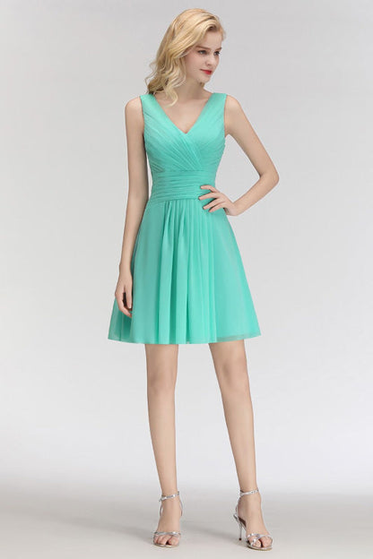 Cute V-Neck Ruffle Chiffon Bridesmaid Dress Knee Length
