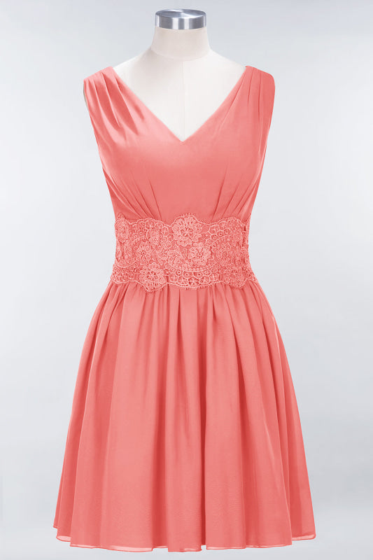 Cute V-Neck Sleeveless Lace Bridesmaid Dresses Knee Length