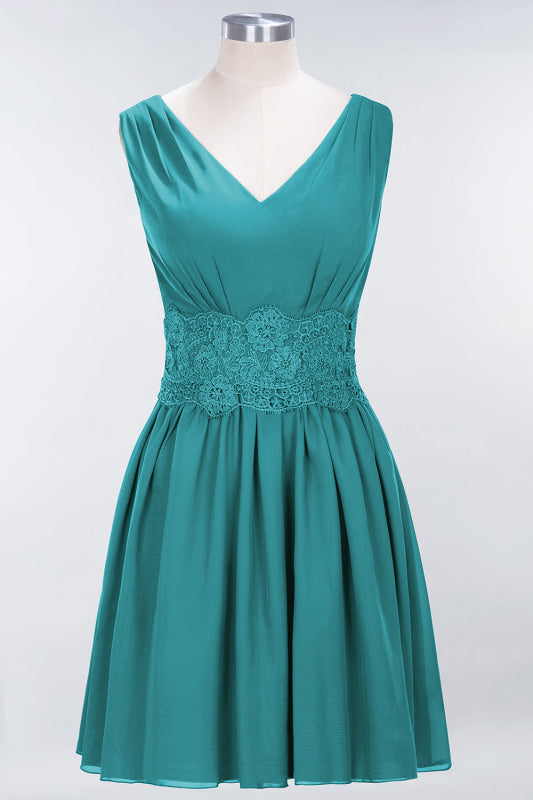 Cute V-Neck Sleeveless Lace Bridesmaid Dresses Knee Length