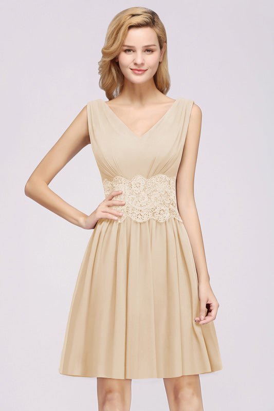 Cute V-Neck Sleeveless Lace Bridesmaid Dresses Knee Length