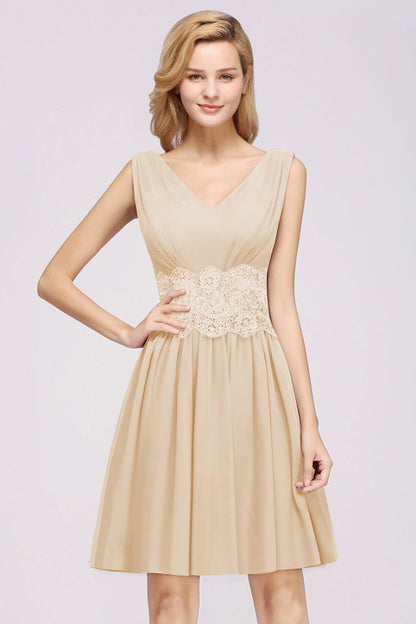 Cute V-Neck Sleeveless Lace Bridesmaid Dresses Knee Length