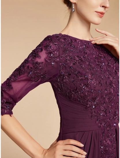 Aimishang  Sheath / Column Mother of the Bride Dress Wedding Guest Elegant Scoop Neck Floor Length Chiffon Lace Half Sleeve with Pleats Sequin
