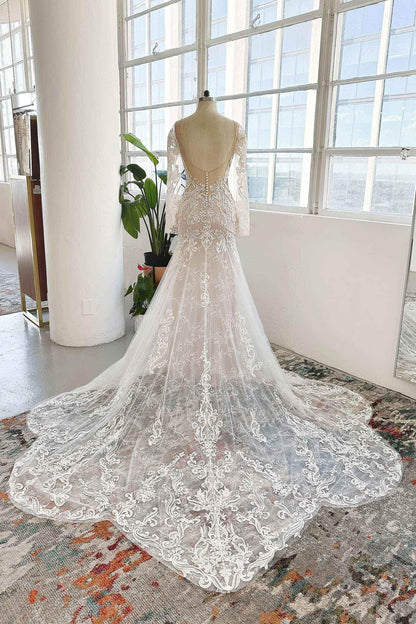 Trumpet-Mermaid Chapel Train Lace Tulle Wedding Dress CW3002