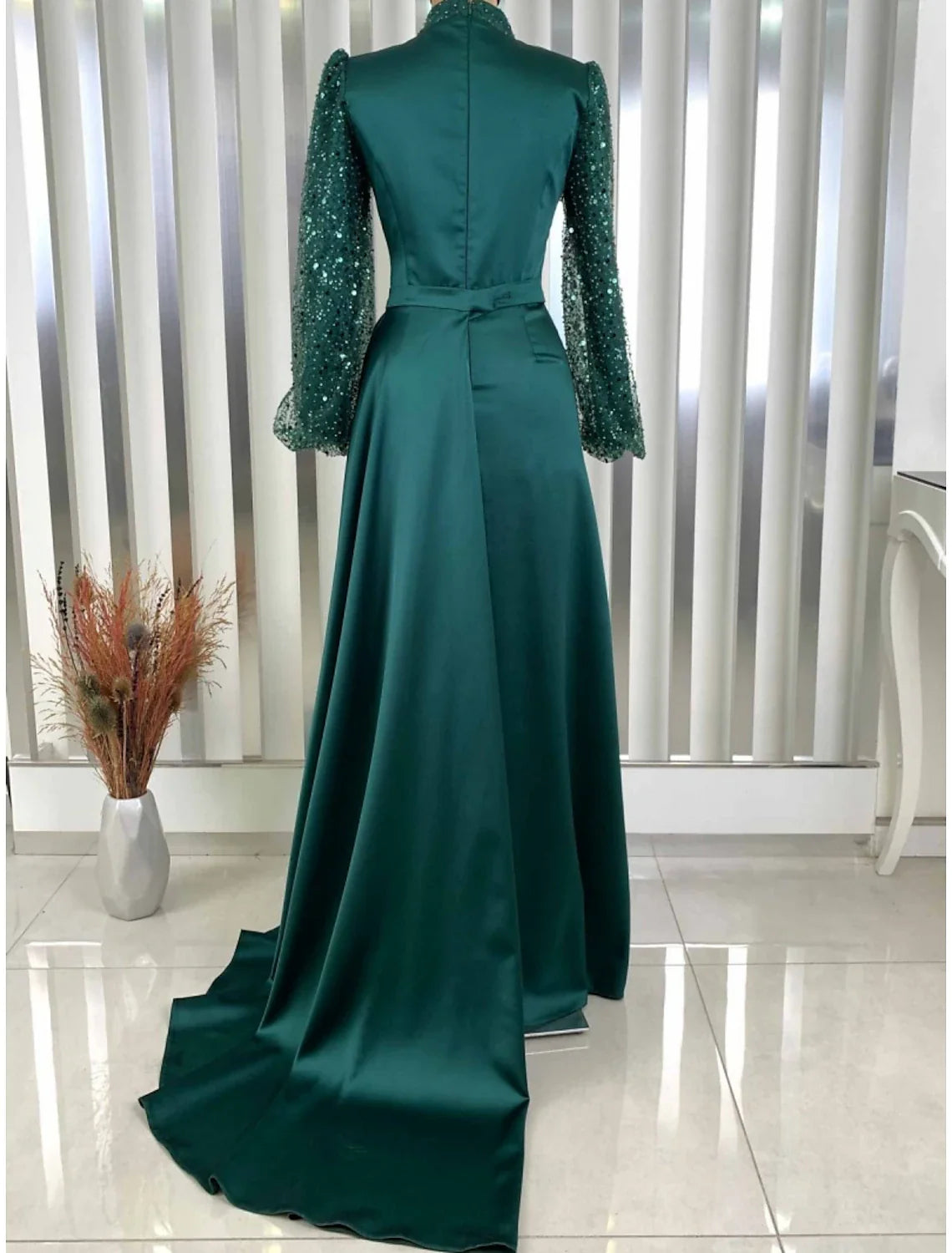 Aimishang A-Line Evening Gown Champagne Christmas Elegant Dress Formal Sweep / Brush Train Long Sleeve High Neck Satin with Glitter Pleats Ruched