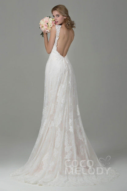 Sheath-Column Court Train Lace Wedding Dress CWVT15002