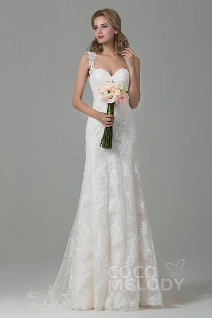 Sheath-Column Court Train Lace Wedding Dress CWVT15002