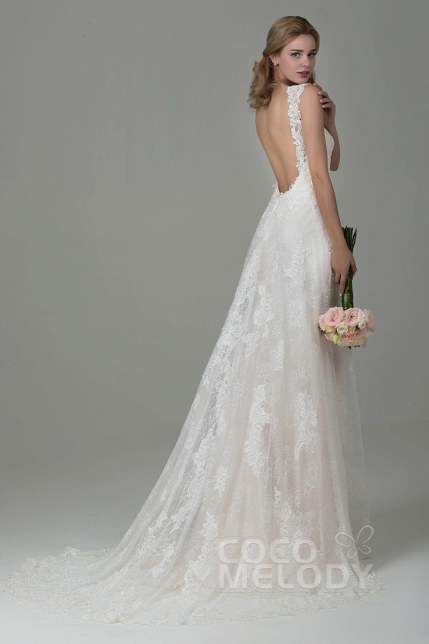 Sheath-Column Court Train Lace Wedding Dress CWVT15002