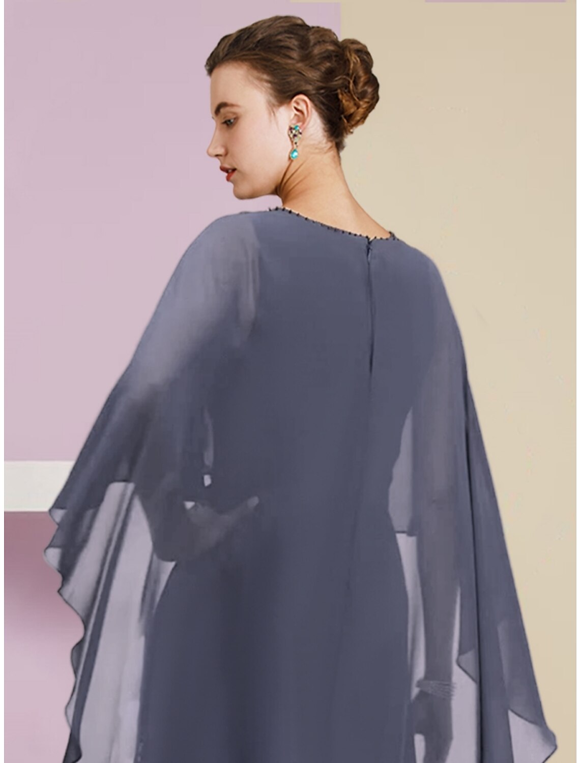 Aimishang  Sheath / Column Mother of the Bride Dress Wedding Guest Elegant Jewel Neck Floor Length Chiffon Half Sleeve with Sequin Tier Solid Color